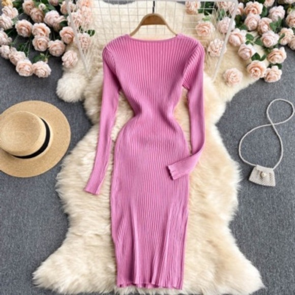 Pink Long Sleeve Dress V Neck Ribbed Knit Sweater Dress size S/M stretchy - Picture 3 of 6